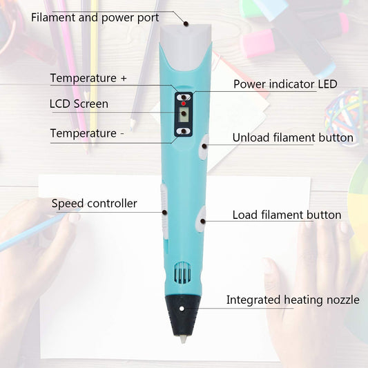 Close-up of sky blue 3D printing pen showing control buttons and ergonomic design features.