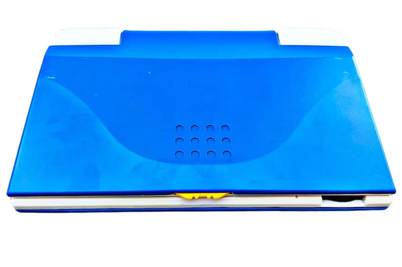 Compact blue and white design of a closed educational learning laptop for kids
