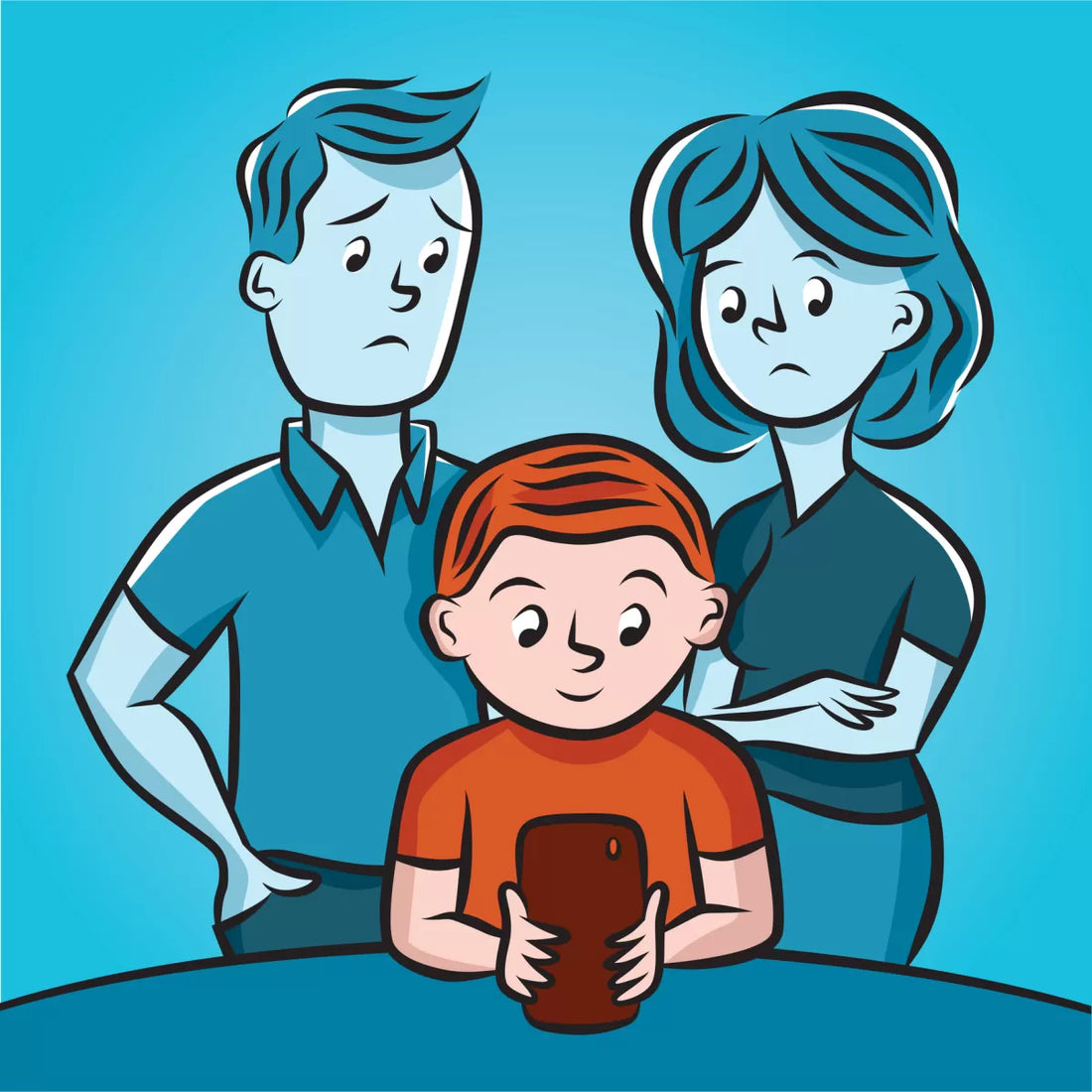 Concerned parents looking at their child focused on a mobile screen, highlighting the need for screen-free play