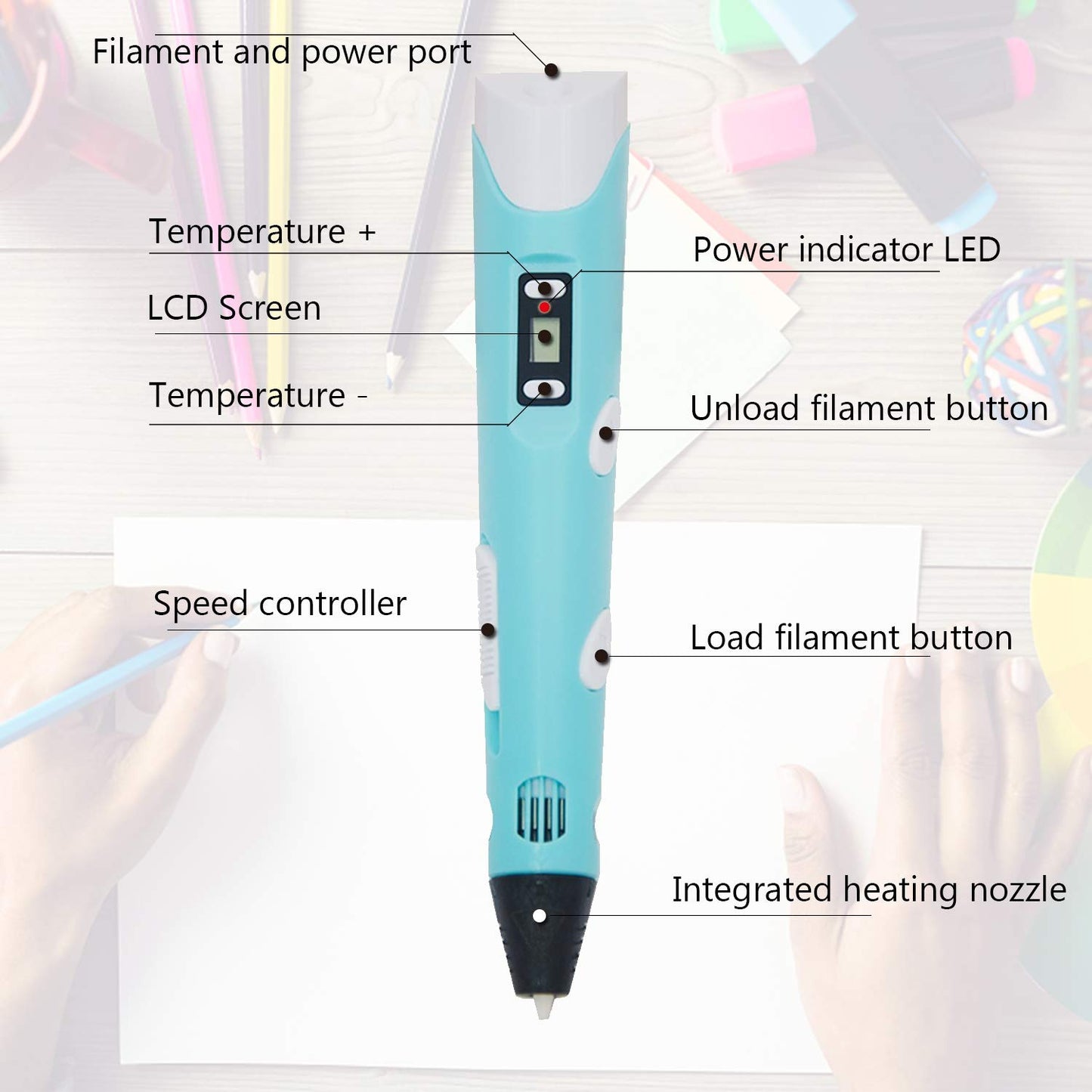Close-up of sky blue 3D printing pen showing control buttons and ergonomic design features.
