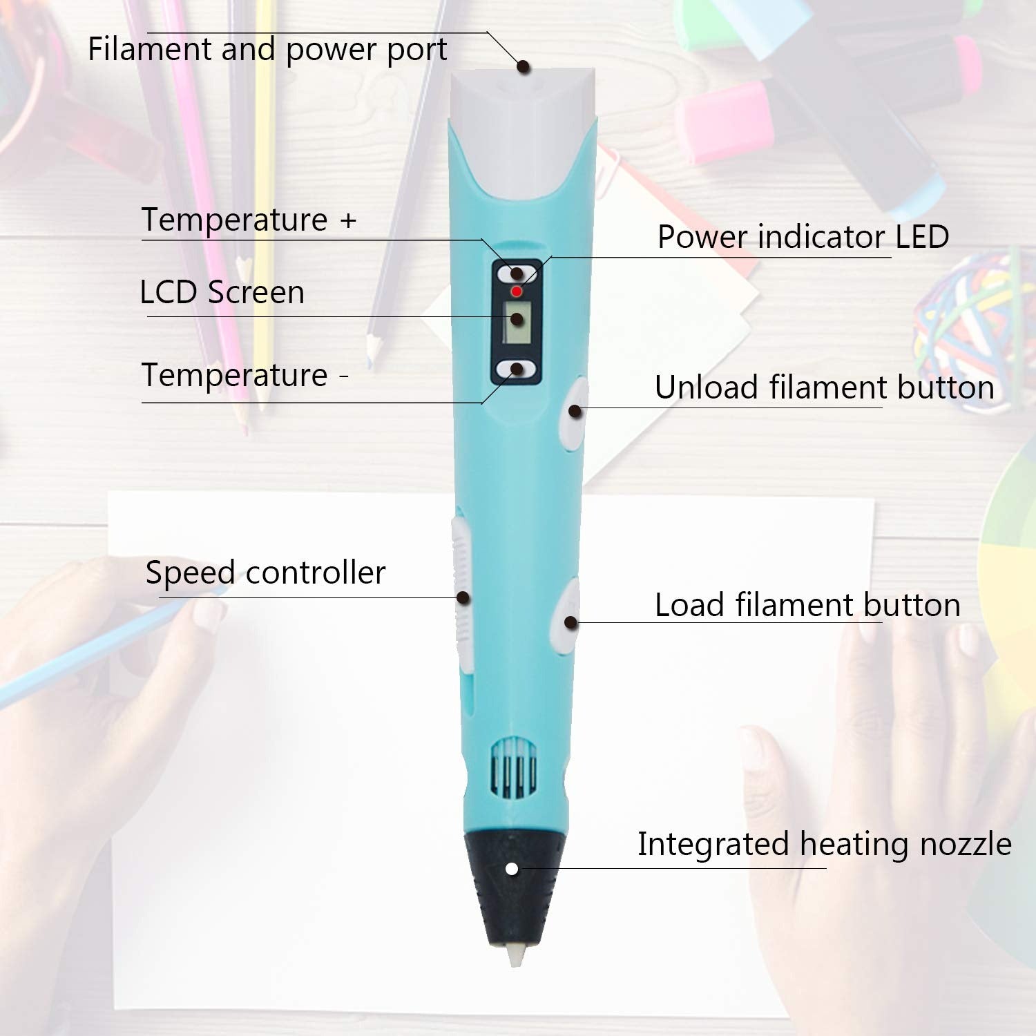 Close-up of sky blue 3D printing pen showing control buttons and ergonomic design features.