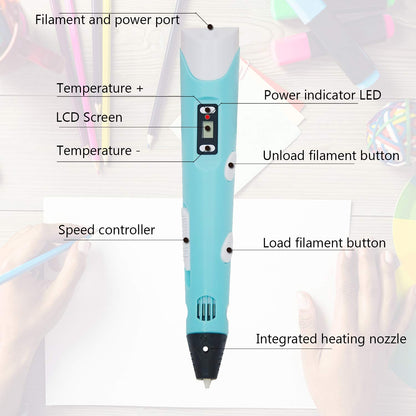 Close-up of sky blue 3D printing pen showing control buttons and ergonomic design features.