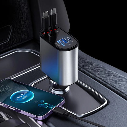 4 in 1 retractable car charger plugged into a car dashboard charging a smartphone