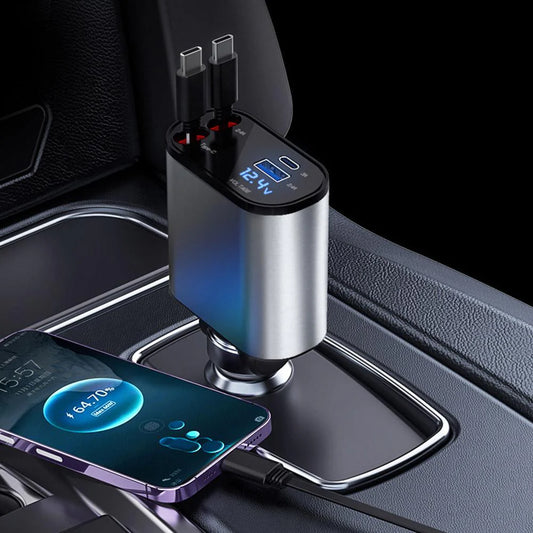 4 in 1 retractable car charger plugged into a car dashboard charging a smartphone