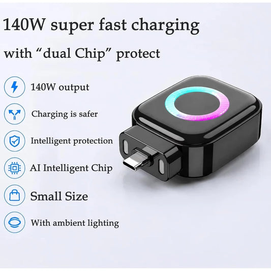 140W charging adapter with dual chip protection on a light gray background