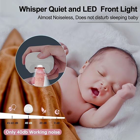 Automatic electric nail clipper for babies, featuring a whisper-quiet motor and front LED light for safe night-time use