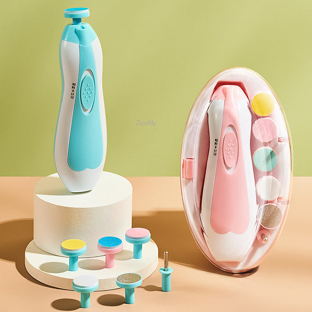 Premium Electric Baby Nail Trimmer with multiple grinding heads standing on a white display base