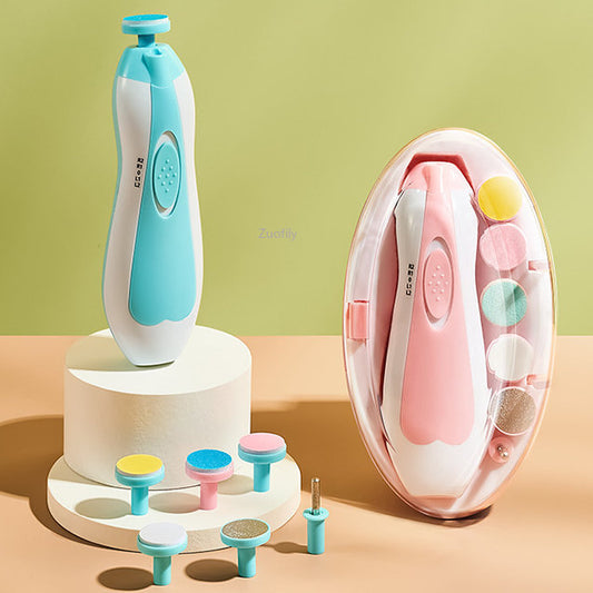 Premium Electric Baby Nail Trimmer with multiple grinding heads standing on a white display base