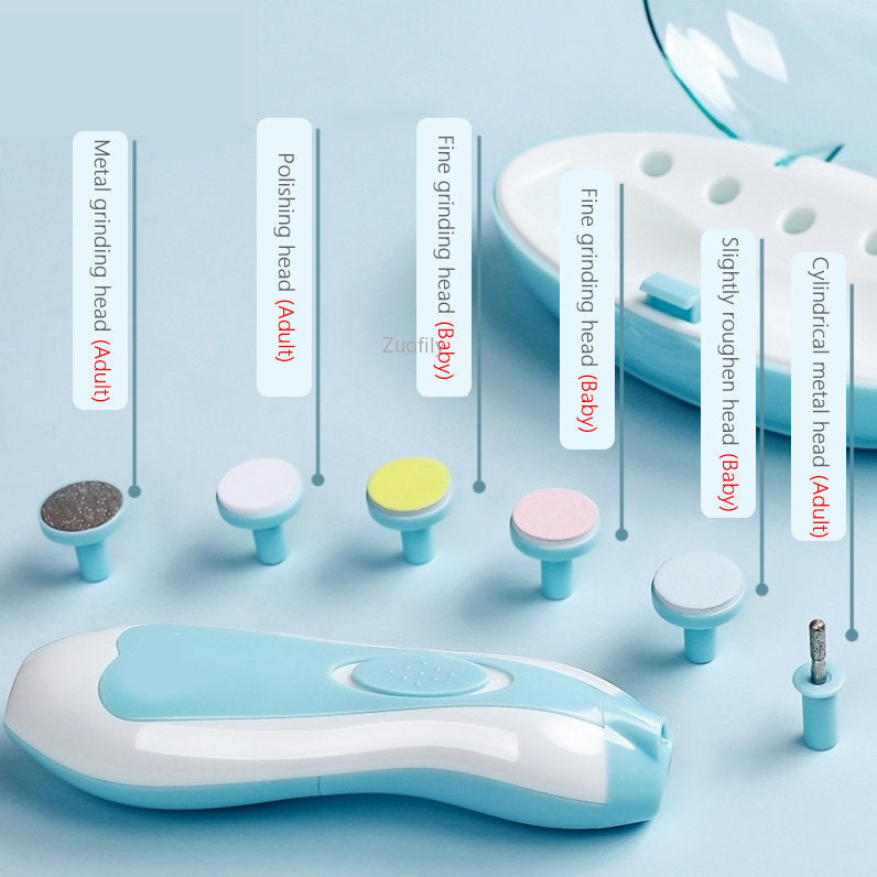 Electric baby nail trimmer kit showing all replaceable grinding heads and storage case