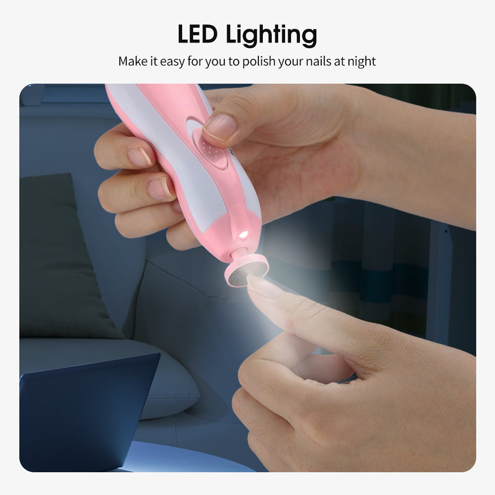 Parent using electric baby nail trimmer with LED front light to safely groom baby nails