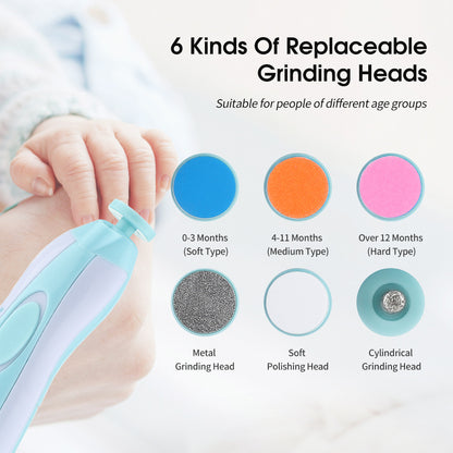 Close-up of electric nail trimmer showing 4 kinds of replaceable grinding heads for babies and adults