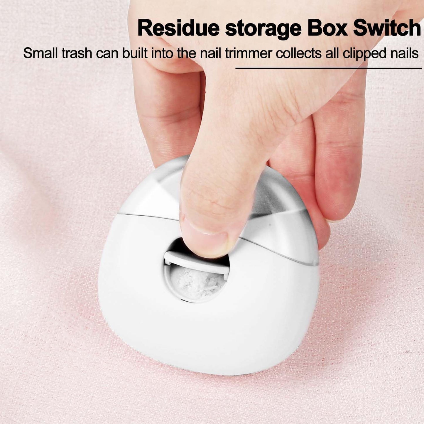 Close-up of electric baby nail clipper showing the nail debris storage box for mess-free cleaning