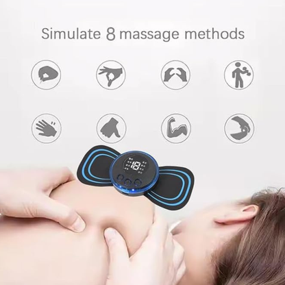 Electromagnetic massager device with digital display on a person's shoulder, against a light background.