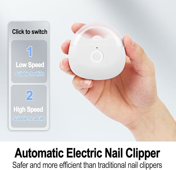 Hand demonstrating the easy one-button operation and two-speed settings of the automatic electric nail clipper