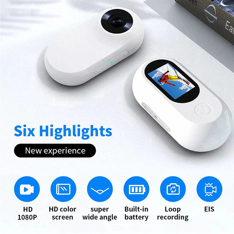 Mini-Motion View camera with included mounting clip and USB accessories.