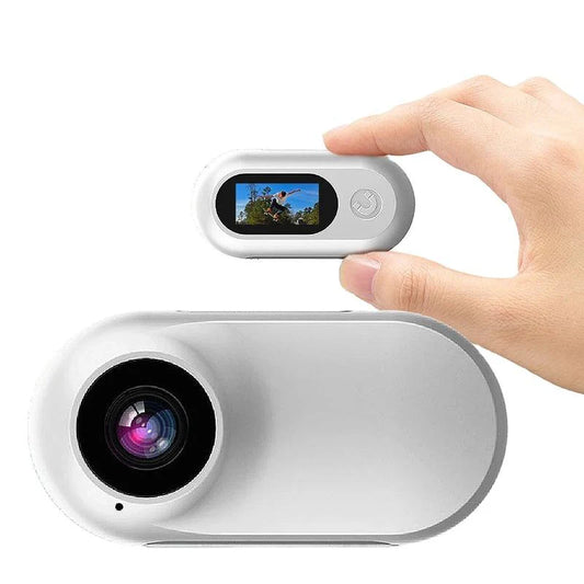 Mini-Motion View compact white portable clip-on camera.