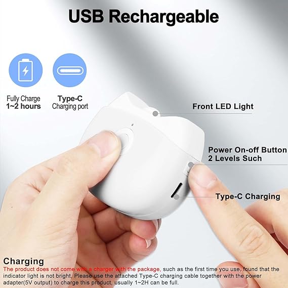 Rechargeable electric nail trimmer for babies, highlighting USB Type-C charging port and portability
