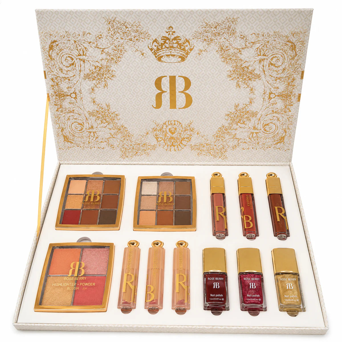 Makeup set with decorative box featuring a logo, including lipsticks and eyeshadows.