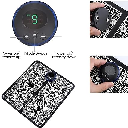Control panel with power switch, mode switch, and intensity controls on a white background.EMS foot massager, foot massager mat, portable foot massager, electric foot massager UAE, neuropathy foot pain relief, plantar fasciitis massager, muscle stimulation mat