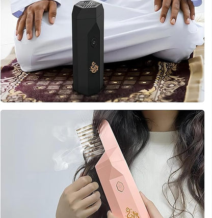 Black electronic device held by a person on a patterned rug, followed by a pink electronic device used on hair.