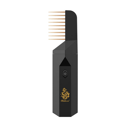 Bishkoor Electric Hair Bakhoor Comb, portable incense burner for hair fragrance with elegant black and gold design.