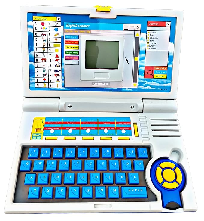 Front view of educational kids learning laptop with blue and white design and interactive keyboard