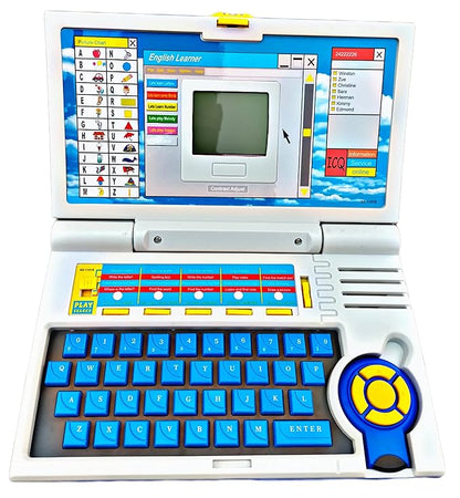 Front view of educational kids learning laptop with blue and white design and interactive keyboard
