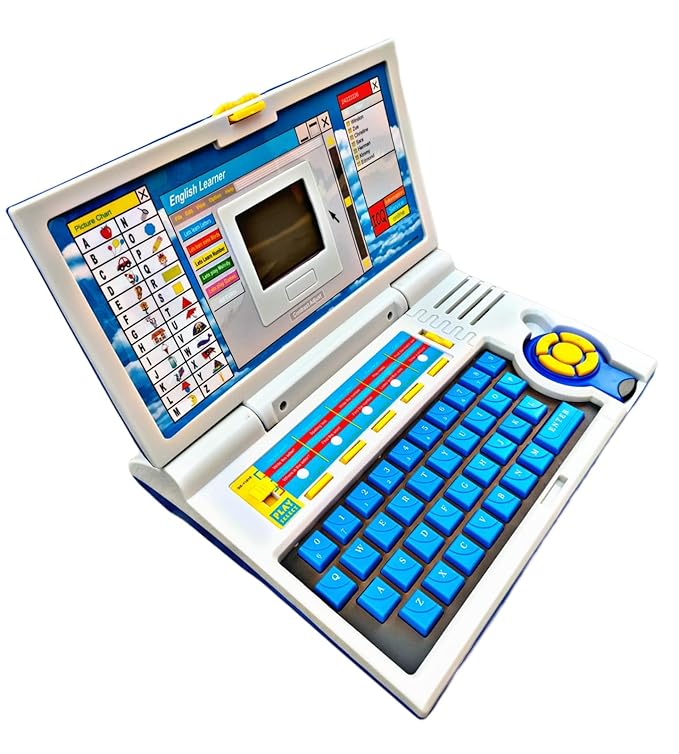 Side angle view of interactive educational laptop for kids with mouse-like directional control