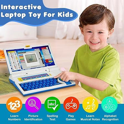 Happy child using an interactive kids English learning laptop with educational activity icons