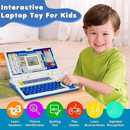 Happy child using an interactive kids English learning laptop with educational activity icons