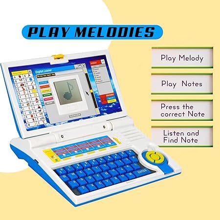 Educational toy laptop screen showing melody play mode and language learning activities for kids