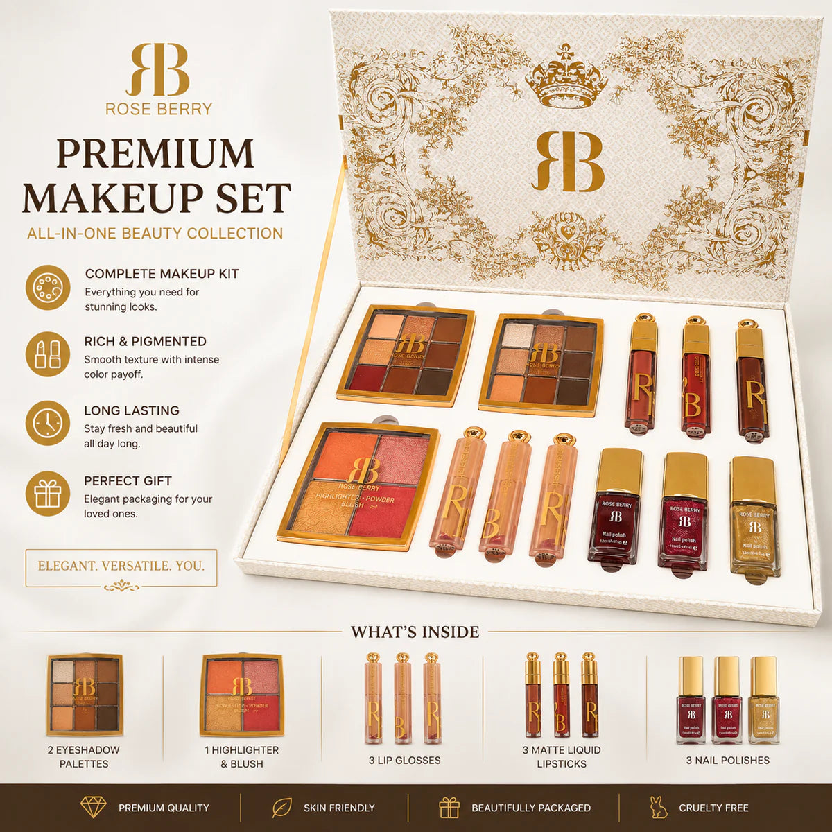 Rose Berry premium makeup set with packaging and product display on a white background