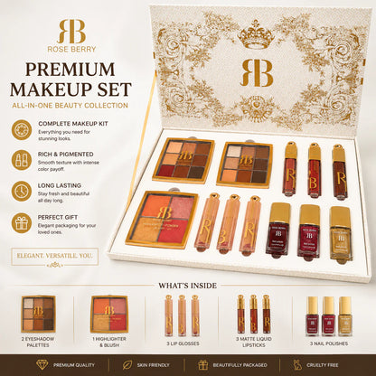 Rose Berry premium makeup set with packaging and product display on a white background