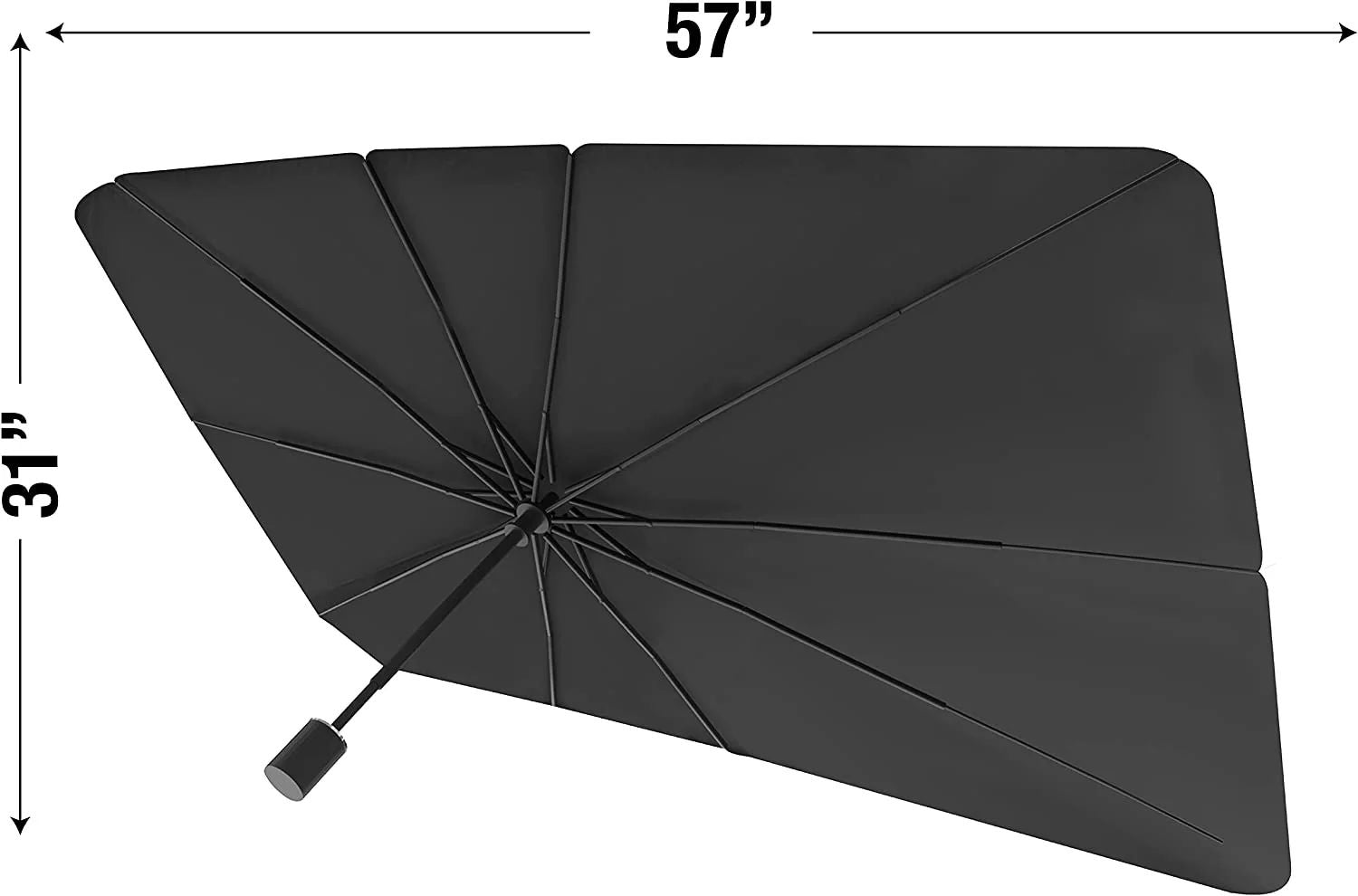 Universal size car windshield sun shade umbrella showing full coverage and dimensions.