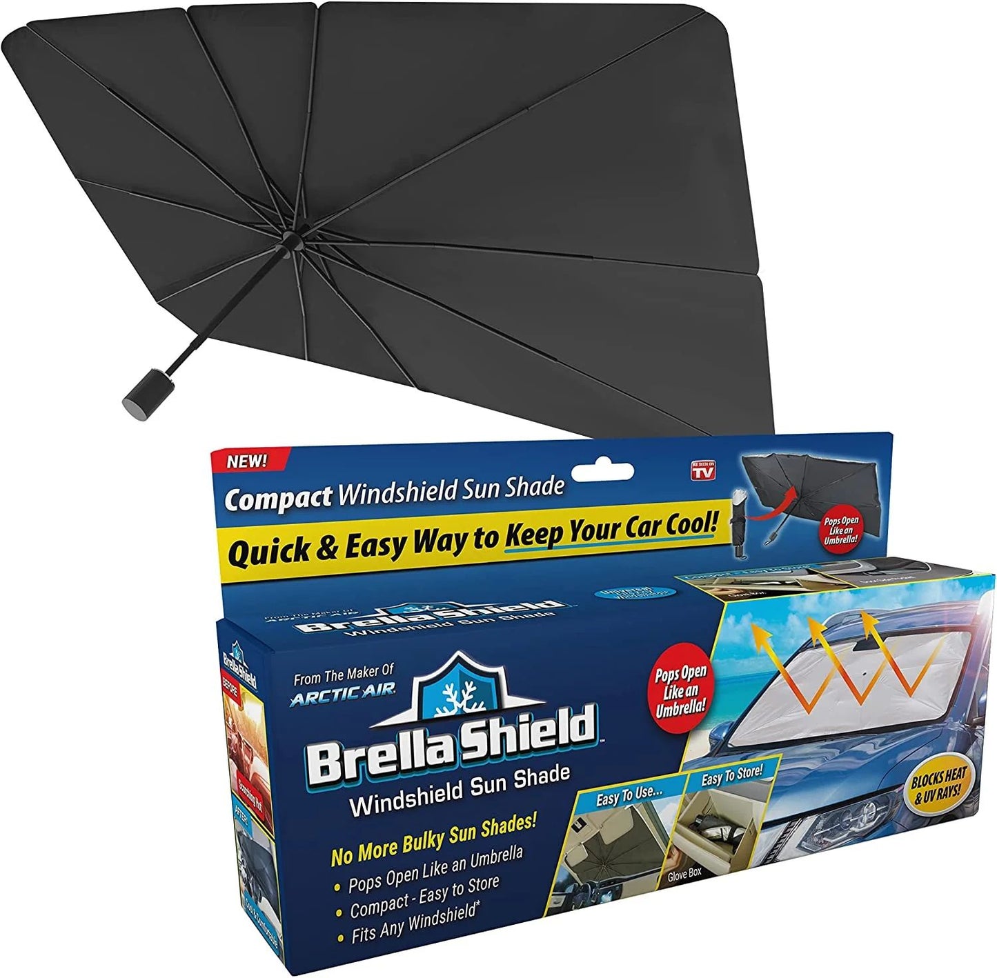 Portable car sun shade umbrella box packaging for easy storage and travel.