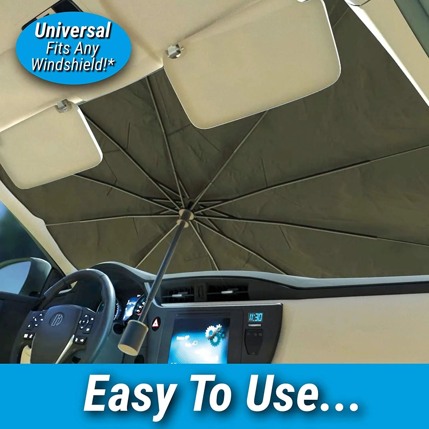 Foldable car windshield sun shade umbrella installed inside a car to block UV rays and heat.