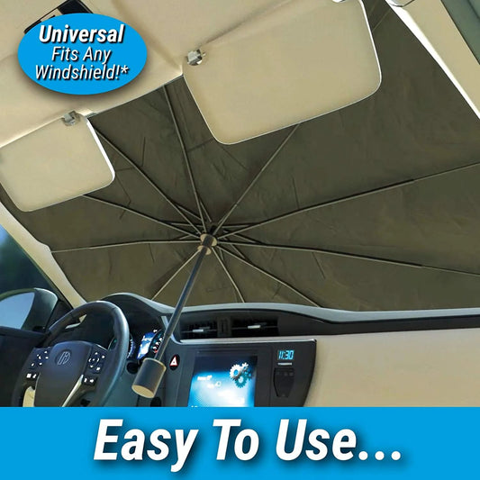 Foldable car windshield sun shade umbrella installed inside a car to block UV rays and heat.