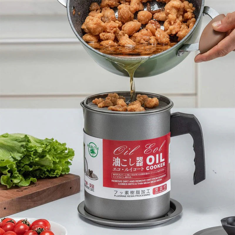 Filtering Used Oil with Fine-Mesh Kitchen Strainer Pot